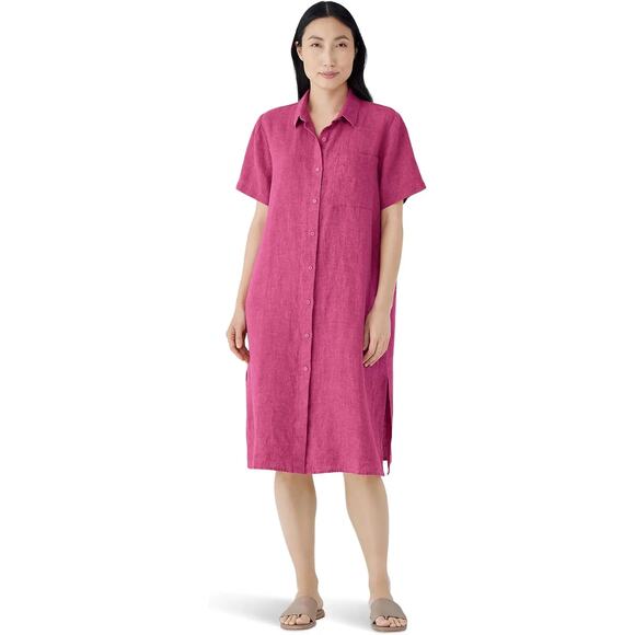 Eileen Fisher Classic Linen Delave Shirt Dress 3X Collar Lagenlook Natural - Picture 1 of 10